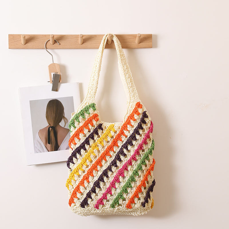 Colorful Striped Shoulder Straw Bag Hollow Out Cutout Woven Bag Vacation Beach Bag Casual Women Bag